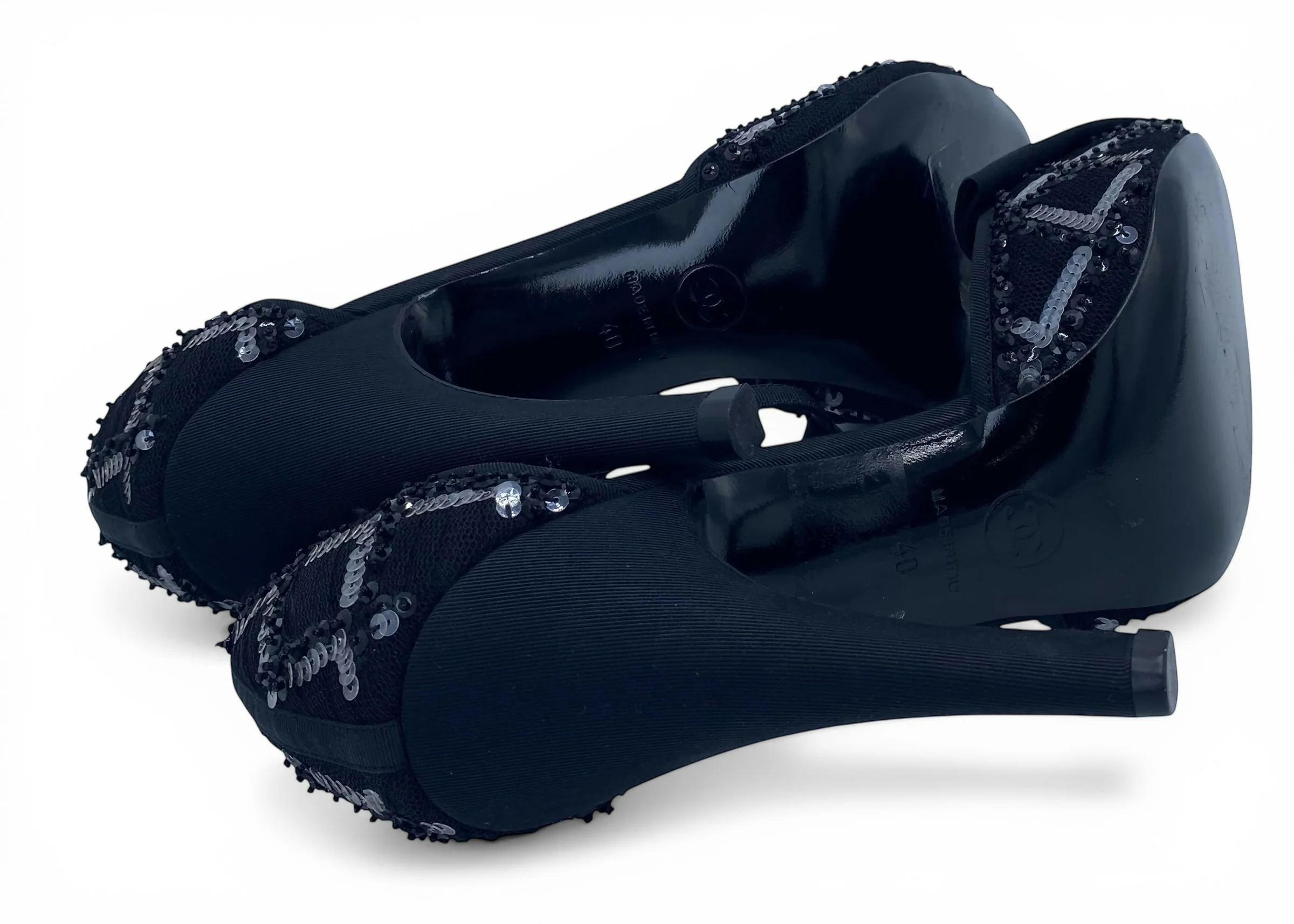 Chanel 09P Removable CC Brooch Black Sequin Bow Strap Heels EU 40