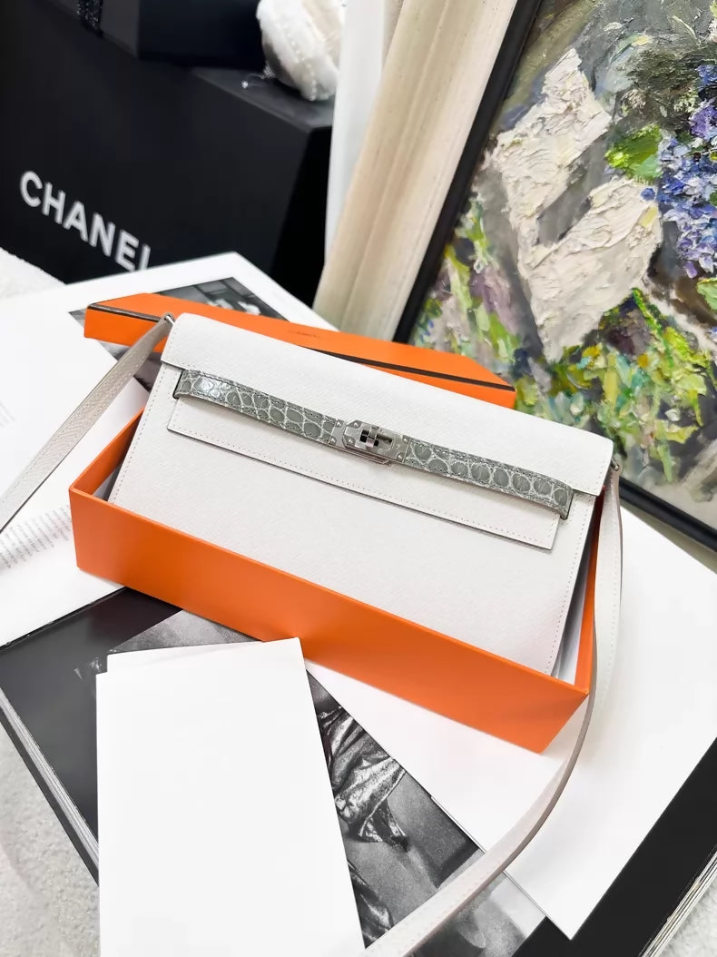 Hermes Kelly To go Touch craie/gray croc epsom leather palladium hardware