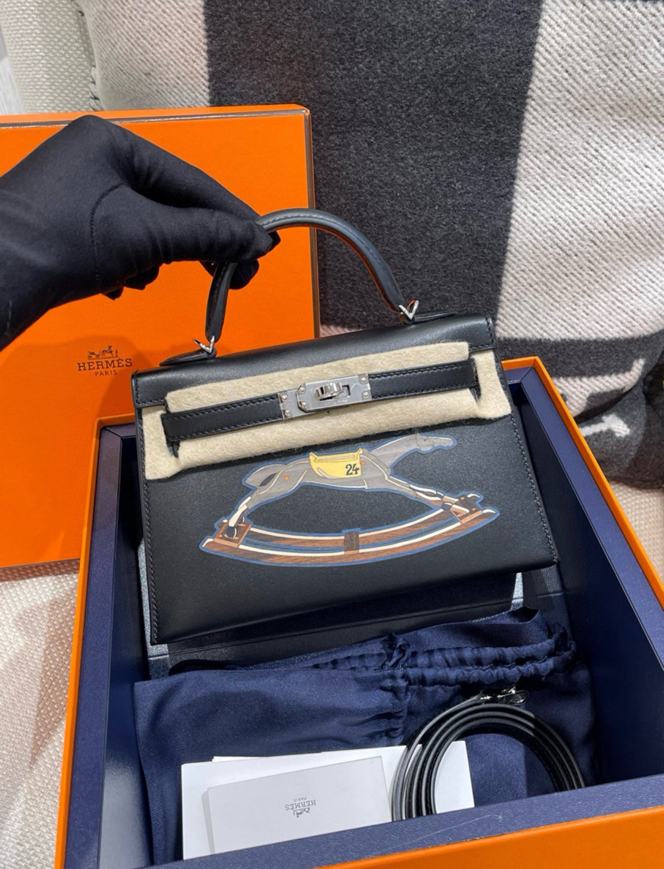 Hermès Mini Kelly Cheval De Bois Noir / Black Tadelakt Palladium Hardware