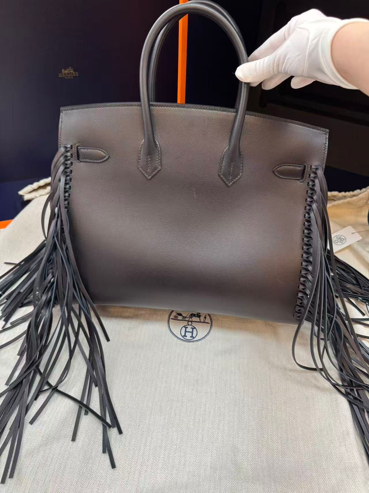 Hermès Birkin 35 Sellier Black Anate Fringe Evercolor leather Palladium Hardware