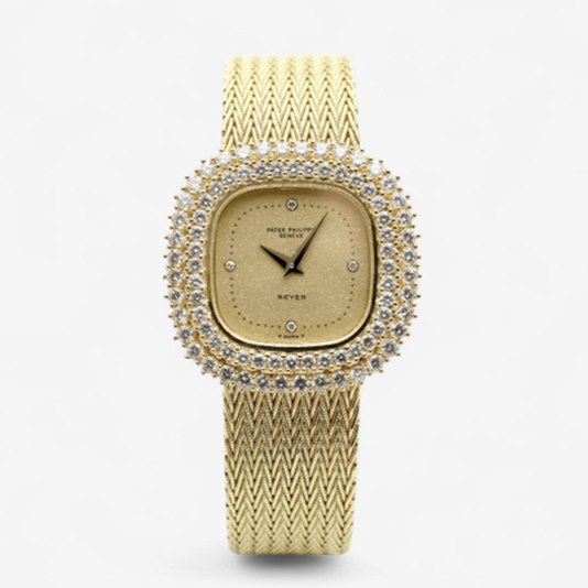 Patek Philippe Lady Watch 1985 Small 29 Womens Gold Watch 4494/002 Glitter Dial Original Diamond