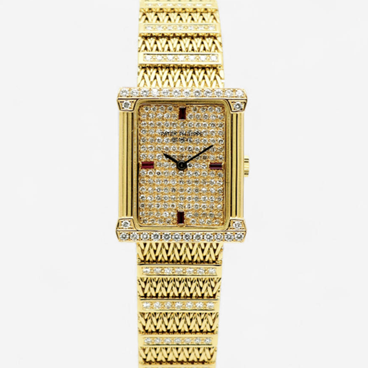 Patek Philippe Legreck 4633 Greek Goddess Original Diamond Full Pavé Vintage Womens Gold Watch 1980s