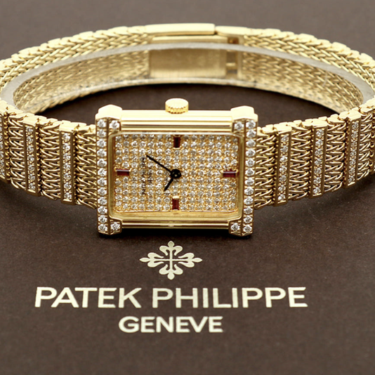 Patek Philippe Legreck 4633 Greek Goddess Original Diamond Full Pavé Vintage Womens Gold Watch 1980s