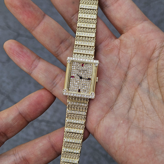 Patek Philippe Legreck 4633 Greek Goddess Original Diamond Full Pavé Vintage Womens Gold Watch 1980s