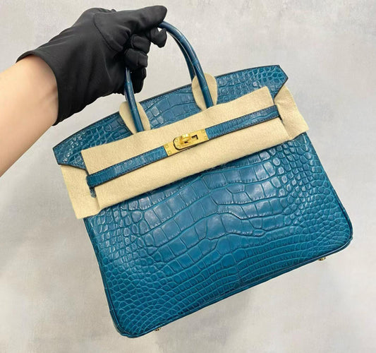 Hermes Birkin 25 blue colvert matte alligator leather gold hardware