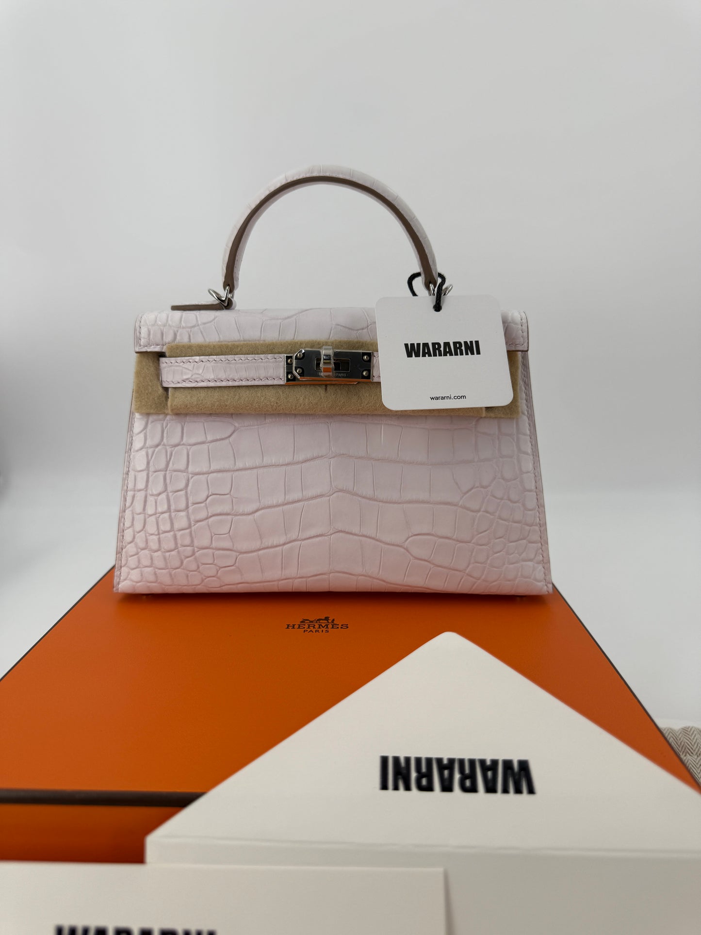 Hermes Mini Kelly 20 mauve pale matte alligator leather palladium hardware