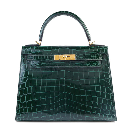 Hermes Kelly 28 Vert Fonce (67) Shiny Niloticus Crocodile Gold hardware