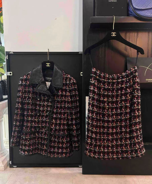 Vintage Chanel multicolor tweed with leather collar jacket  skirt