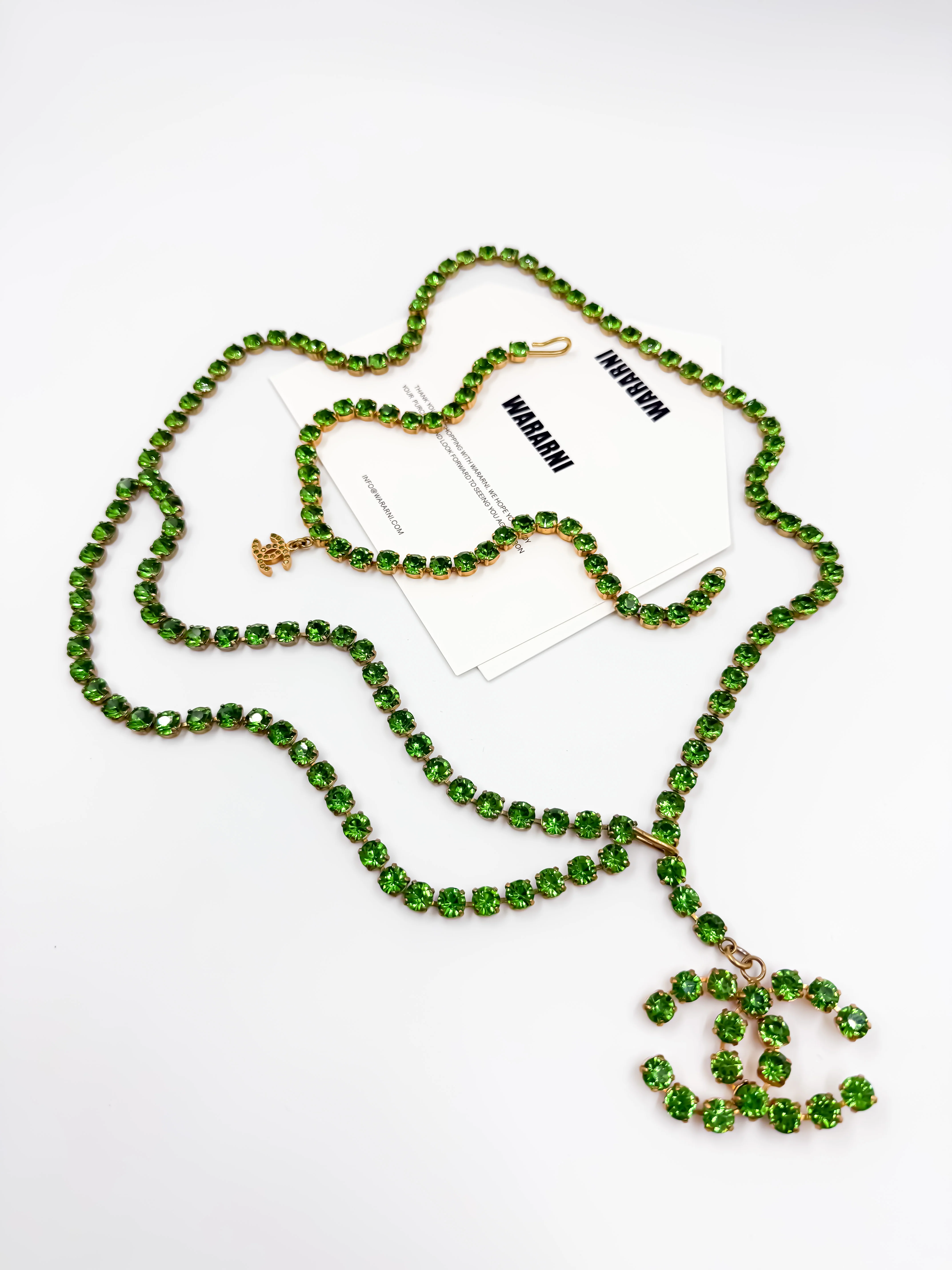Chanel 1995P Vintage Barbie Collection Green Rhinestone Belt & Necklace Set