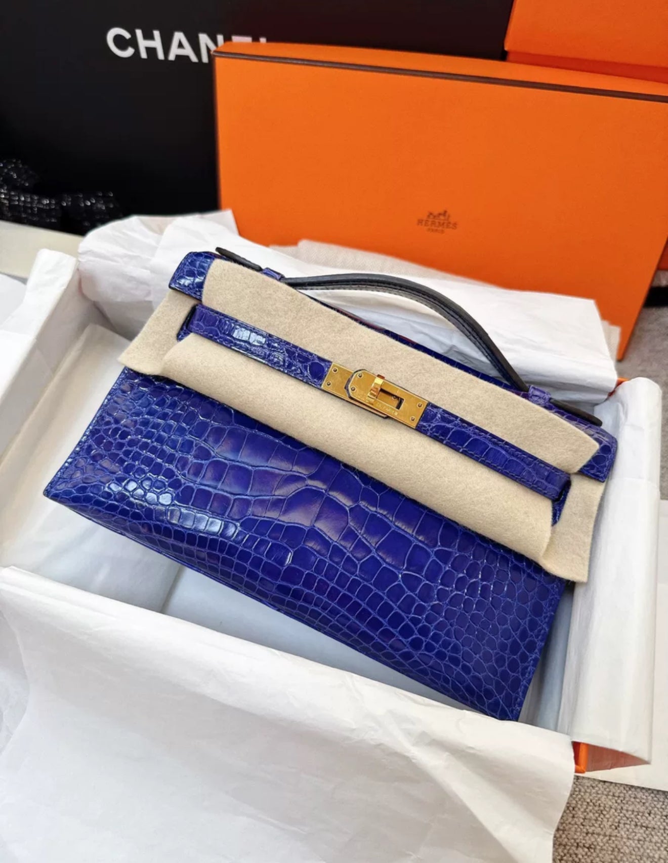 Hermes Kelly Pochette Blue electric　Alligator crocodile Leather Gold Hardware