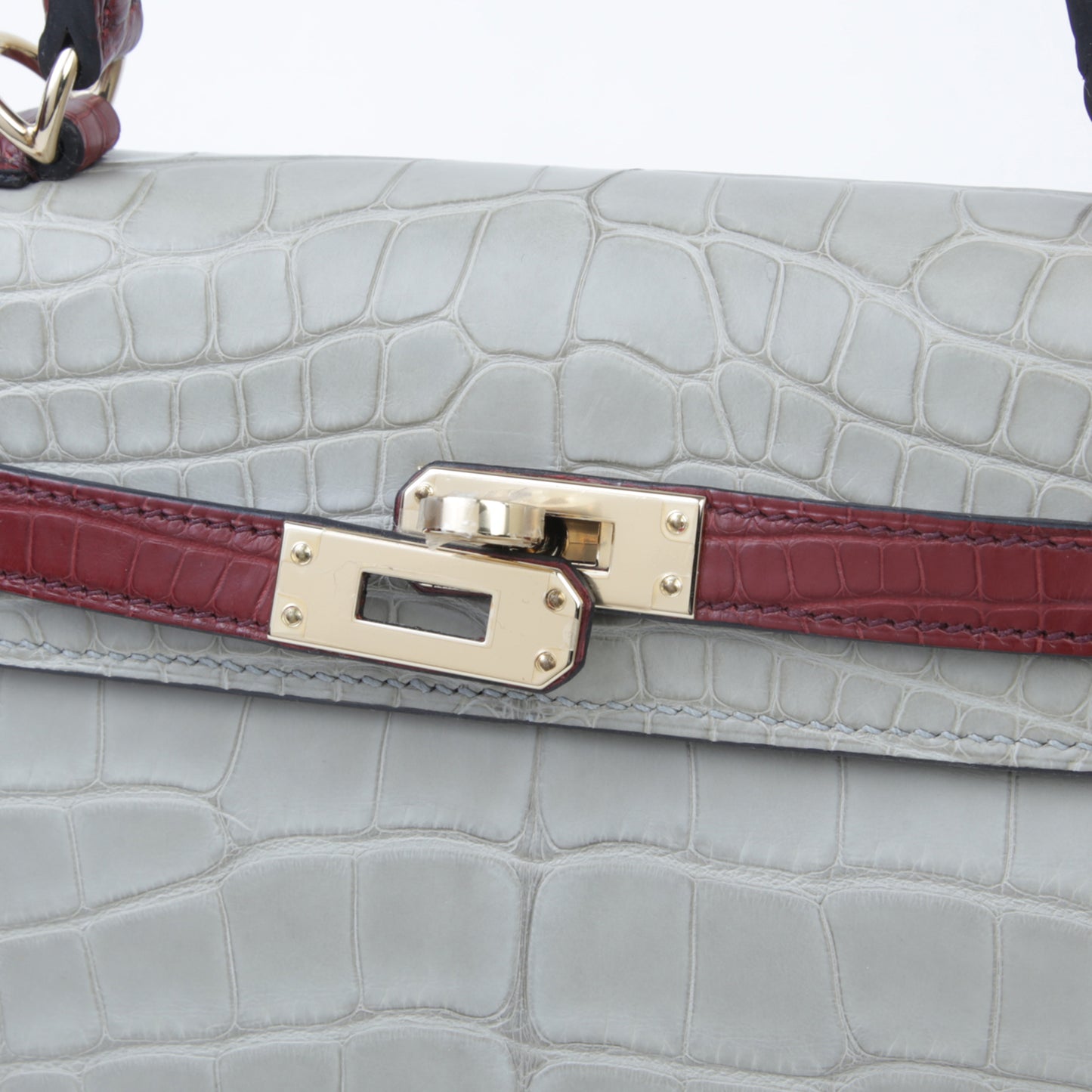 Hermes Kelly 25 Gris Perle Rouge H Matte Alligator Permabrass hardware
