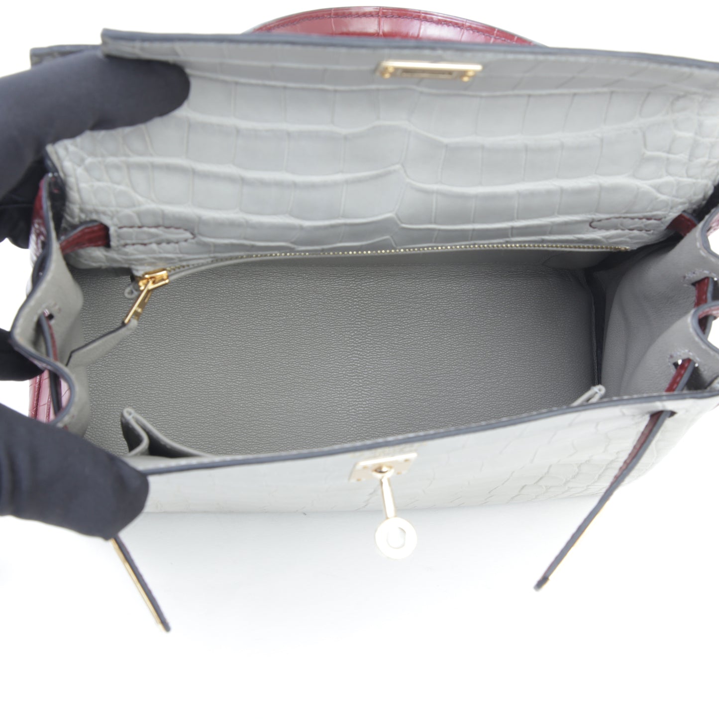 Hermes Kelly 25 Gris Perle Rouge H Matte Alligator Permabrass hardware