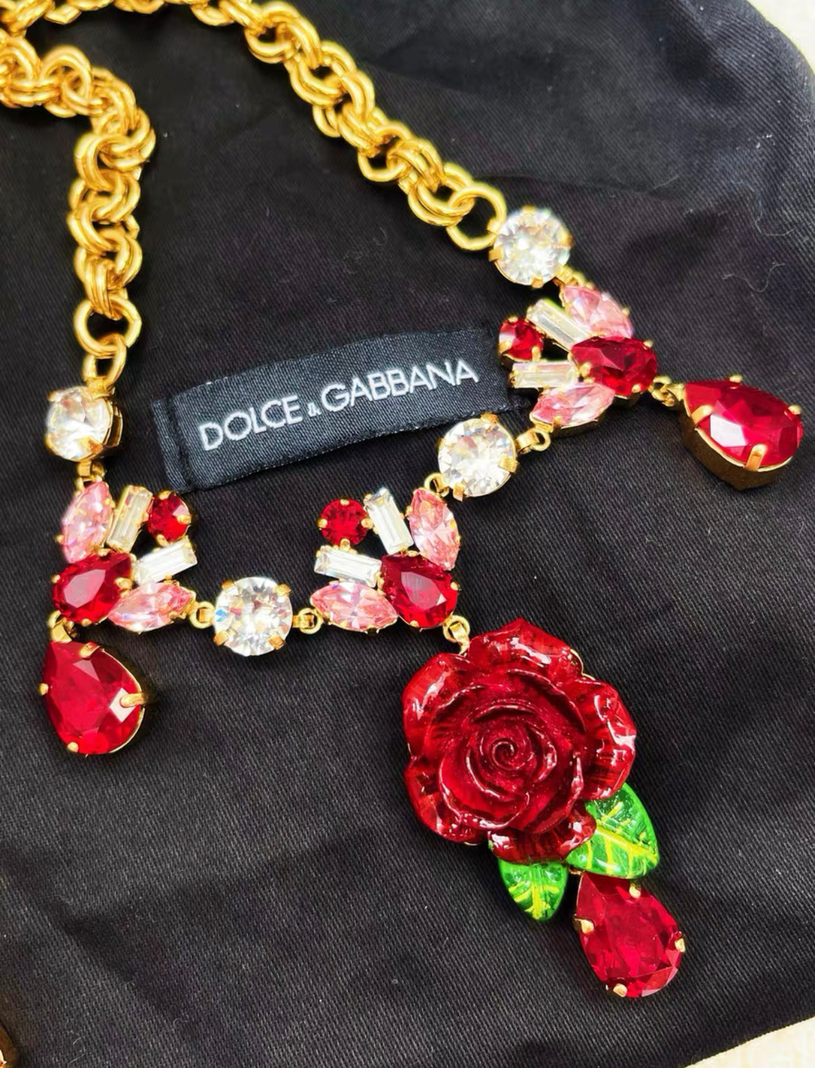 Dolce  Gabbana red rose gemstone necklace