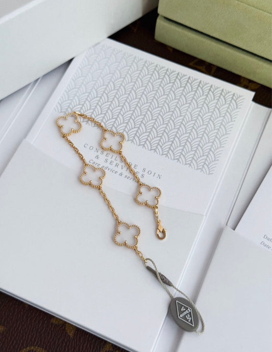 VAN CLEEF  ARPELS 18K Yellow Gold Rock Crystal 5 Motifs Vintage Alhambra Bracelet