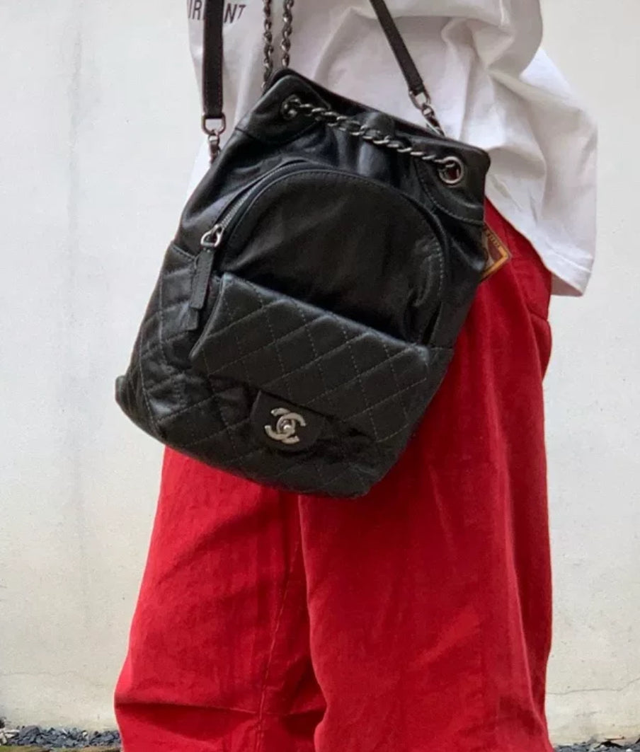 Chanel Vintage black leather Silver hardware backpack