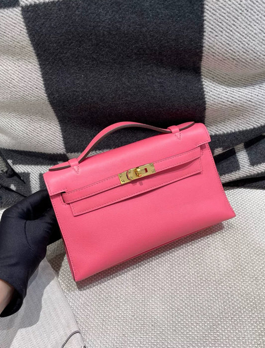 Hermes Kelly pochette Rose Lipstick Swift Leather Gold Hardware