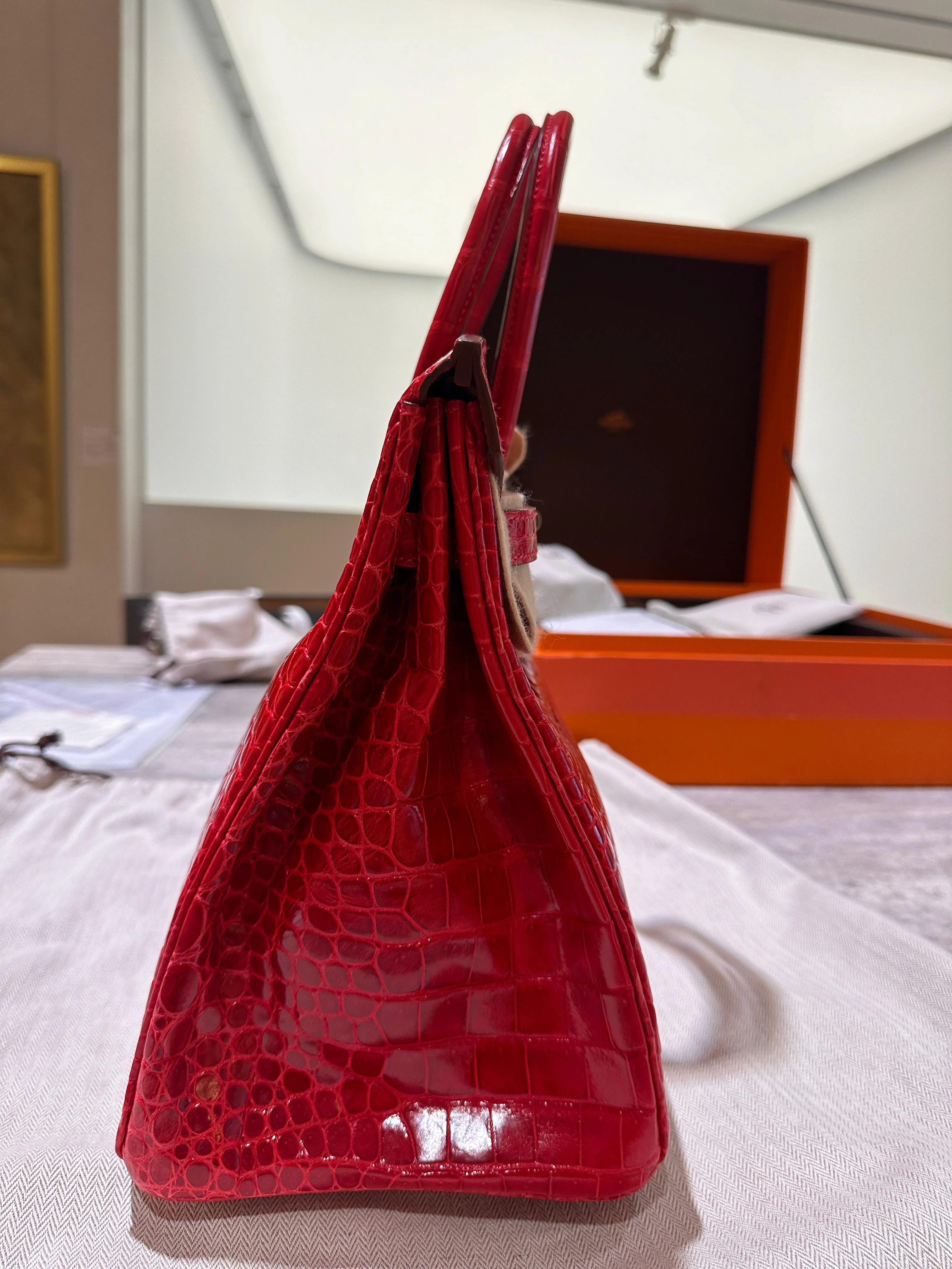 Hermès Birkin 35 Rouge Braise Shiny Porosus Crocodile – 18K White Gold & Diamond Hardware