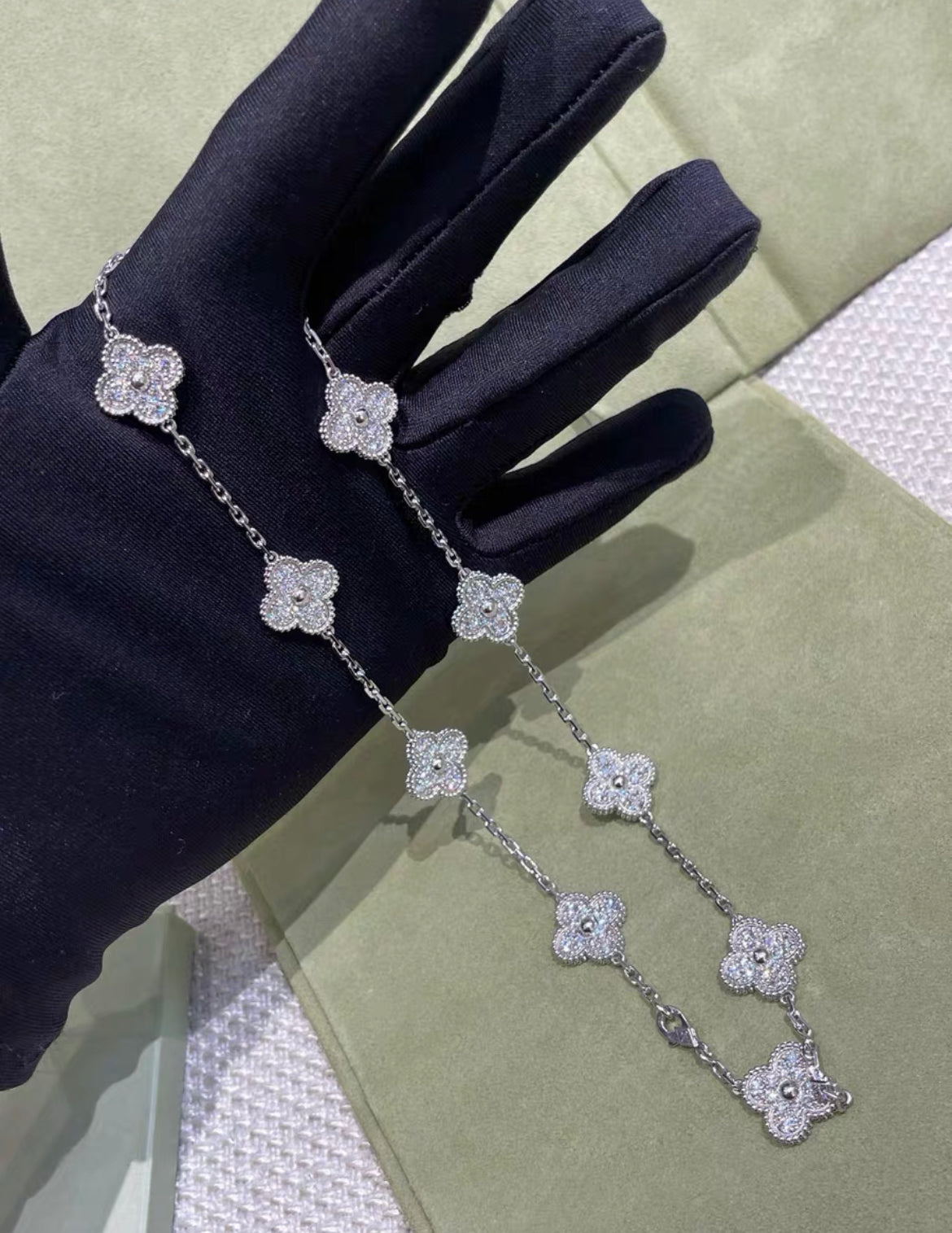 Van Cleef  Arpels 10 Motifs Vintage Diamond Alhambra 18k White Gold Necklace