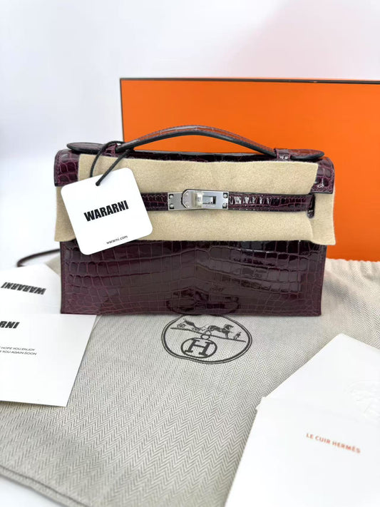 Hermes Kelly pochette Bordeaux shiny Alligator leather Palladium hardware