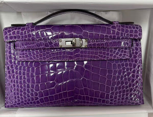 Hermes Kelly Pochette ultraviolet shiny alligator palladium hardware