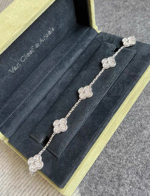 Van Cleef  Arpels 5 Motifs Vintage Diamond Alhambra 18k White Gold Bracelet