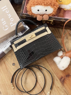 Hermès Mini Kelly 20 graphite grey shiny crocodile leather light gold hardware