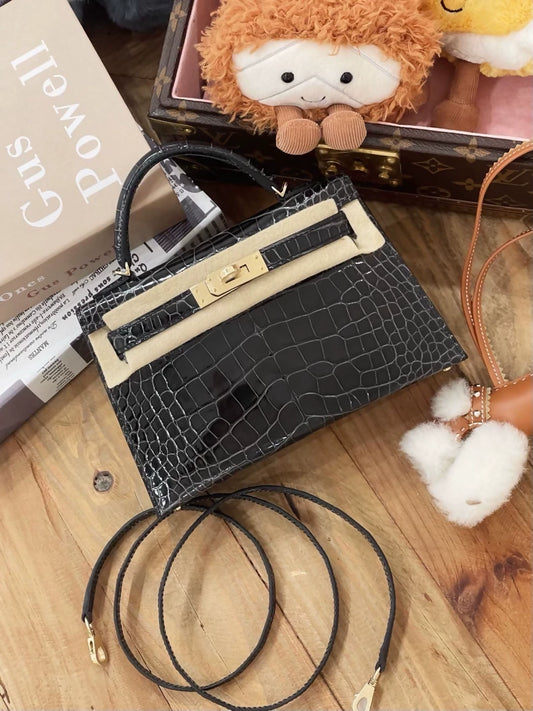 Hermès Mini Kelly 20 graphite grey shiny crocodile leather light gold hardware