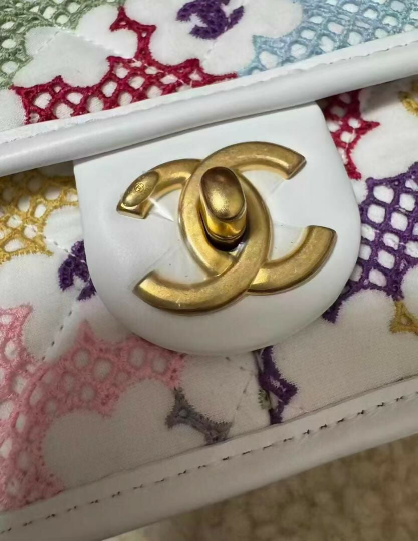 Chanel Spring 2024 White  Multicolor Floral Embroidered Classic Flap Bag with Aged Gold Hardware