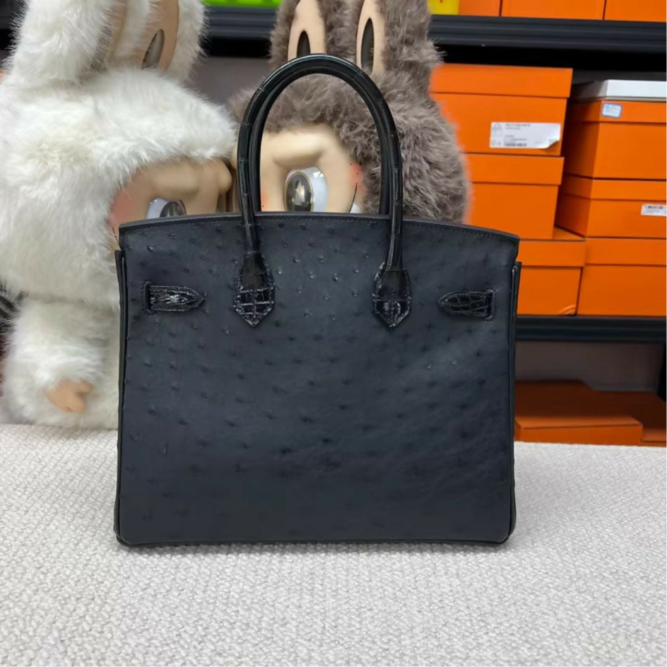 Hermès Birkin 30 Touch Black Ostrich  Shiny Crocodile leather with Gold Hardware