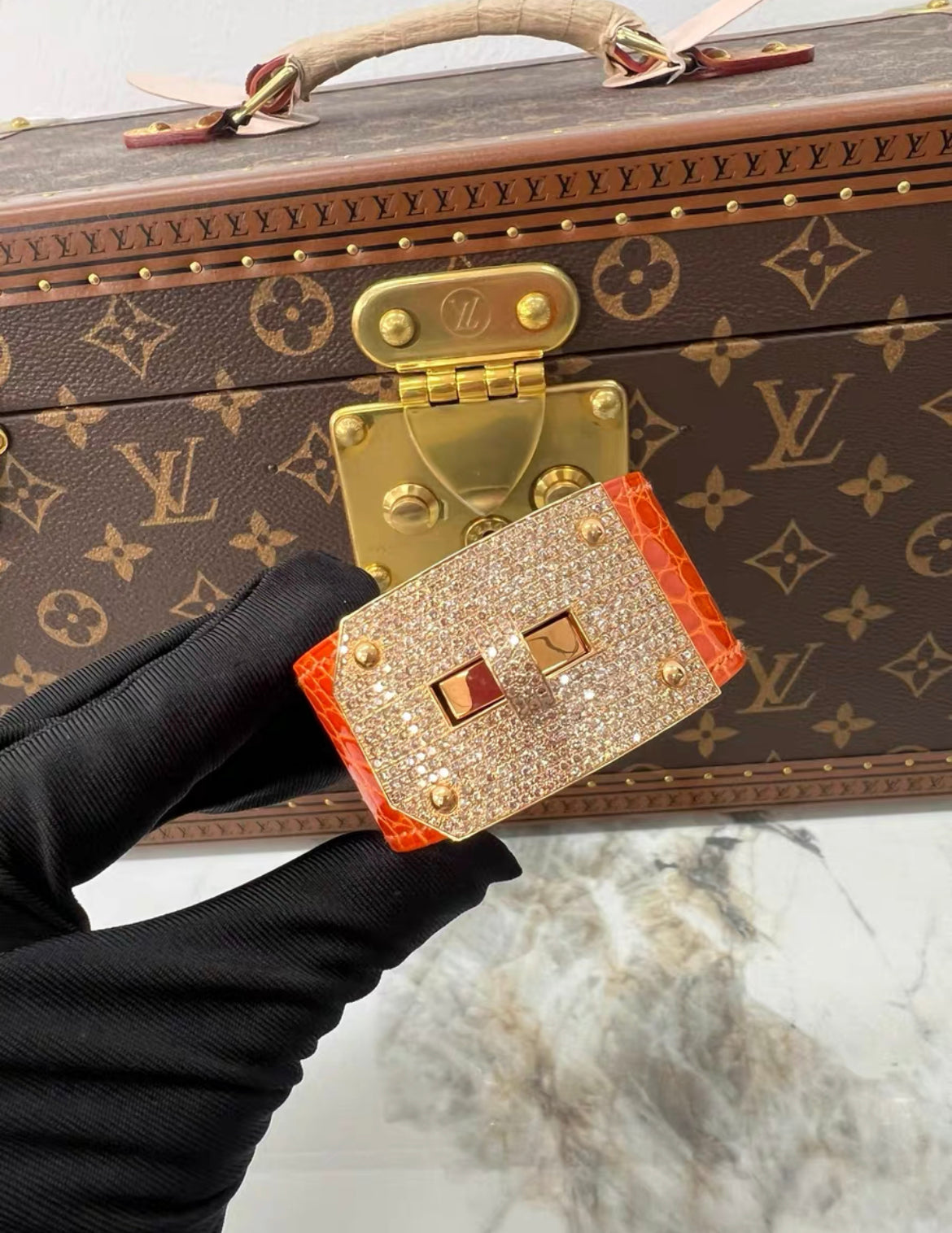 Hermès 18K Rose Gold Diamond  Orange Crocodile Kelly Bracelet