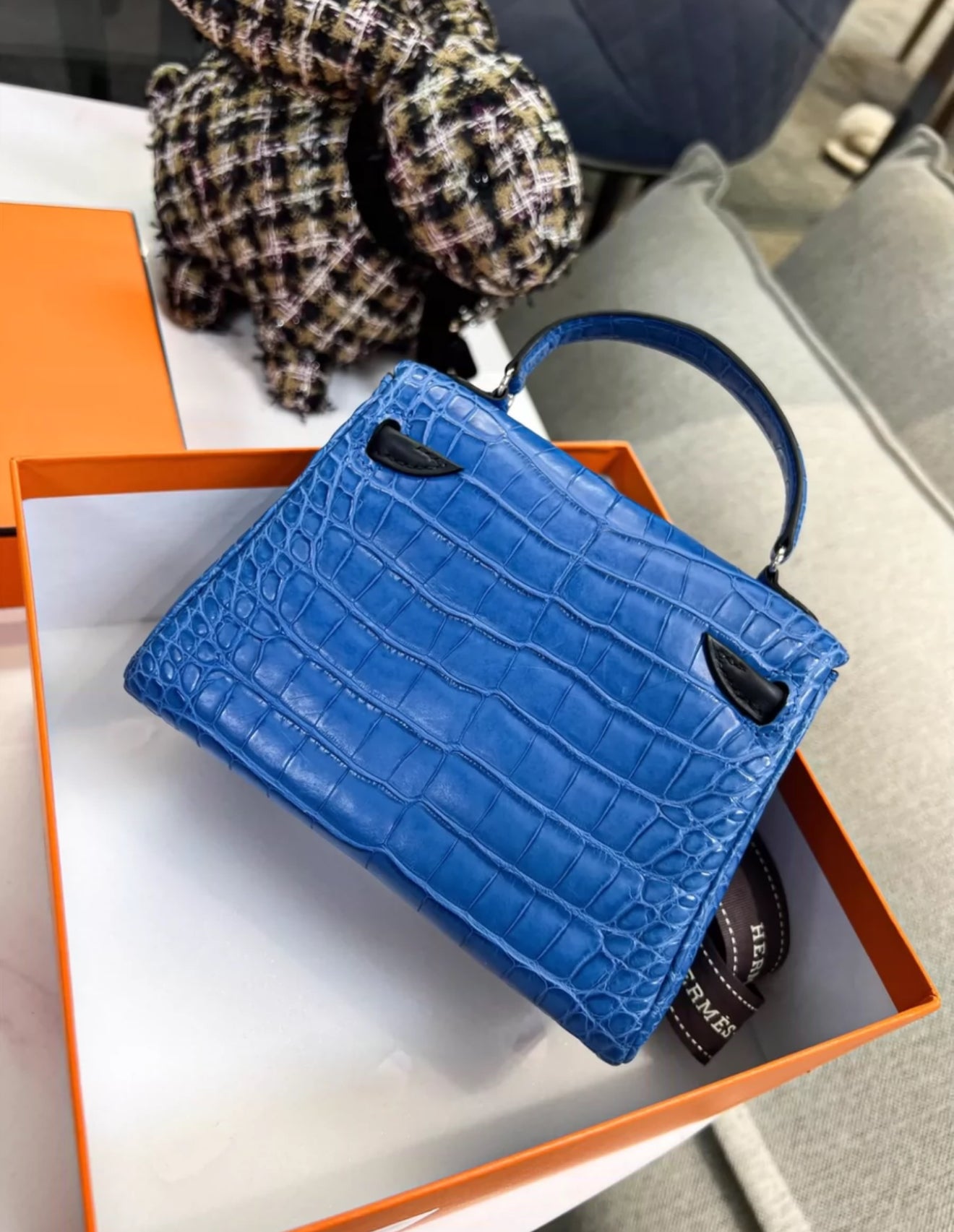 Hermes Kelly Doll Bleu Electric Matte Alligator  Black Swift Leather Palladium Hardware