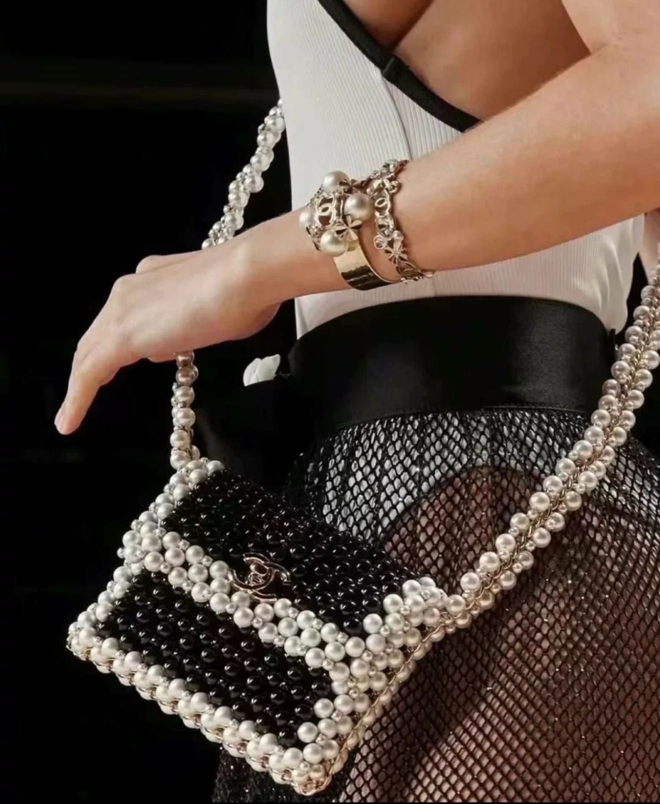 Rare CHANEL 2022 SS BLACK  WHITE FAUX PEARLS LARGE FLAP EVENING BAG WITH GOLD HARDWARE