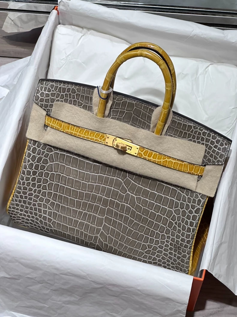 Hermes Birkin 25 Gris Tourterelle Yellow Ambre shiny crocodile leather matte gold hardware