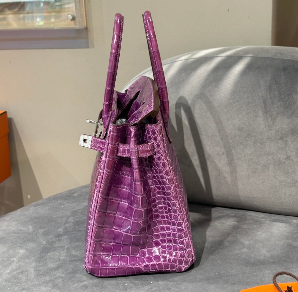 Hermès Birkin 30 Violet Shiny Porosus Crocodile White Gold Diamond Hardware