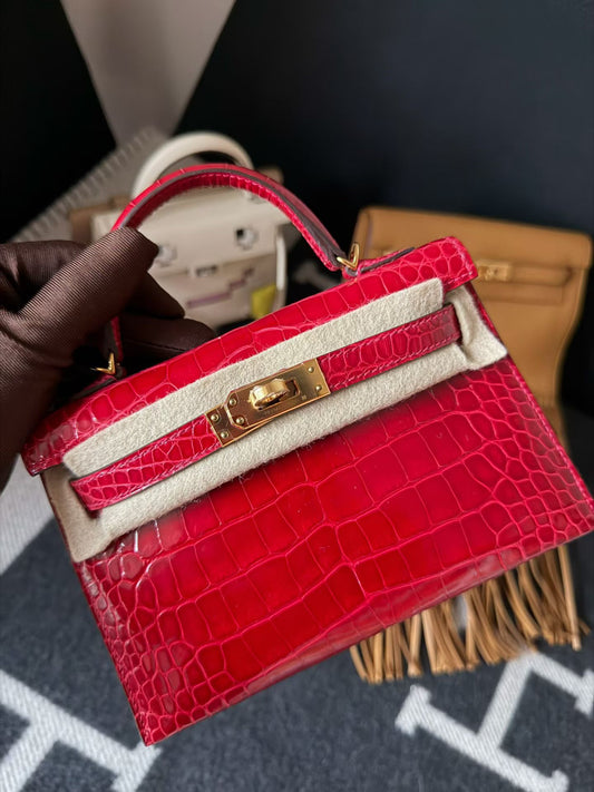 Hermès Mini Kelly 20 Shiny Braise Alligator leather with Gold Hardware