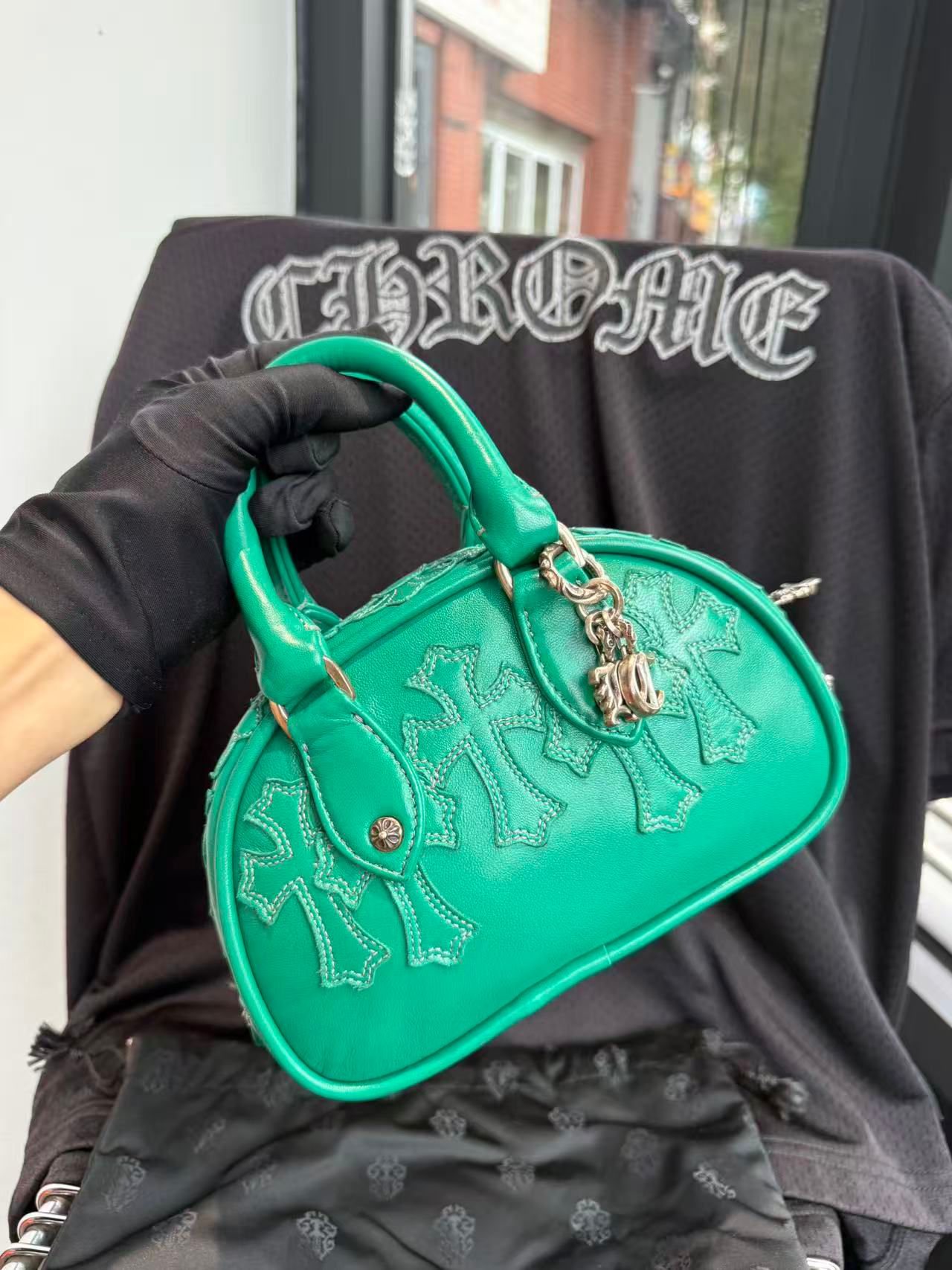 Chrome Hearts green leather cross embroidered small tote bag