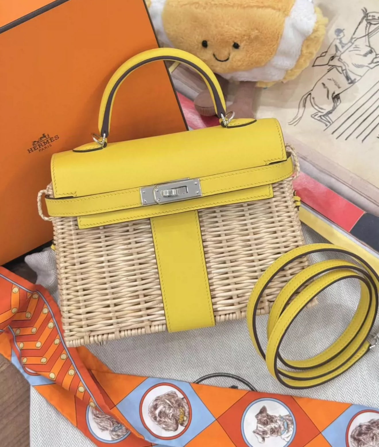 HERMÈS MINI KELLY PICNIC JAUNE DE NAPLES SWIFT  OSIER WICKER PALLADIUM HARDWARE