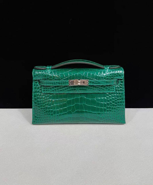 Hermes Kelly Pochette Green Emerald Shiny Crocodile Leather Palladium Hardware
