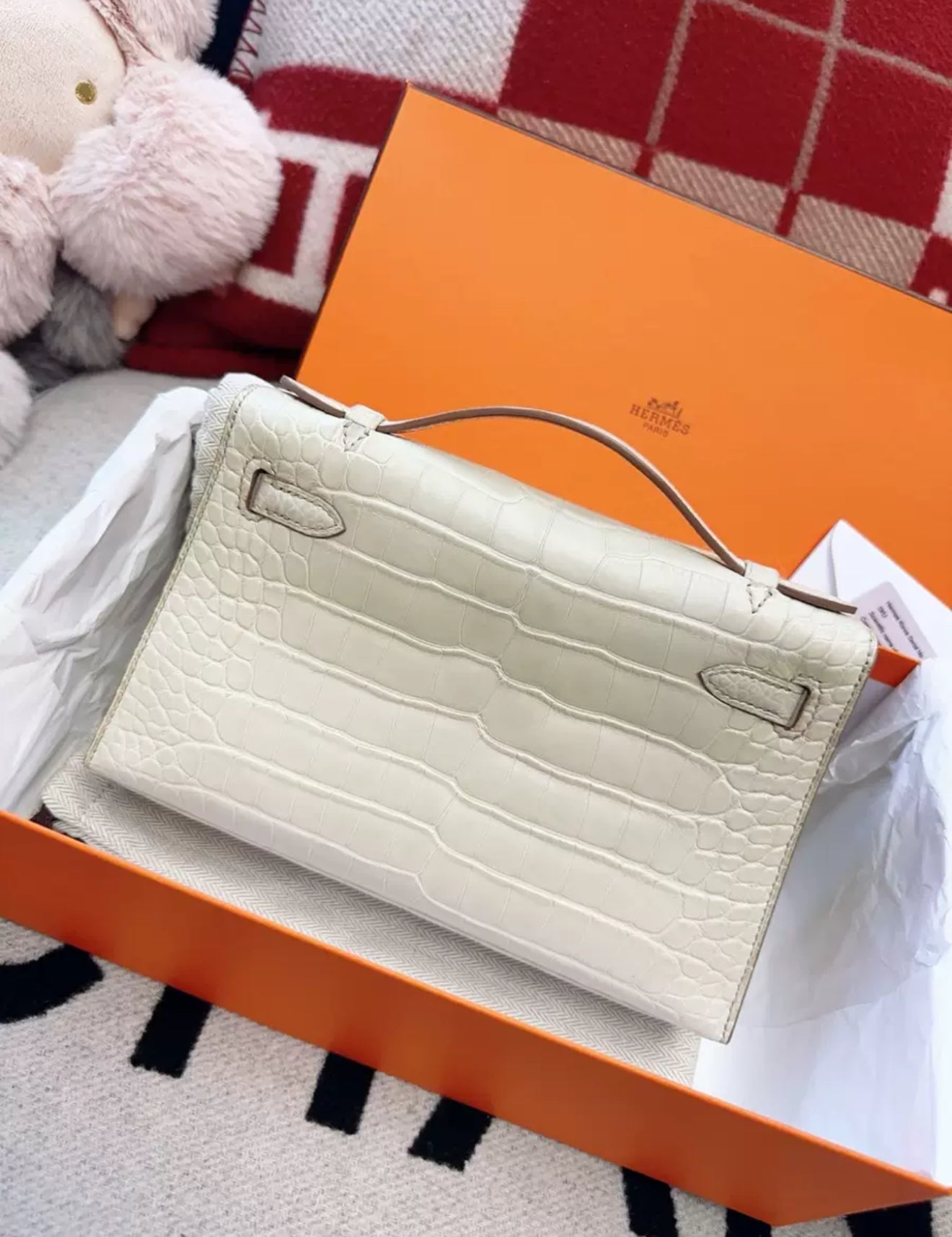 Hermes Kelly Pochette White Matte Crocodile Leather Palladium Hardware