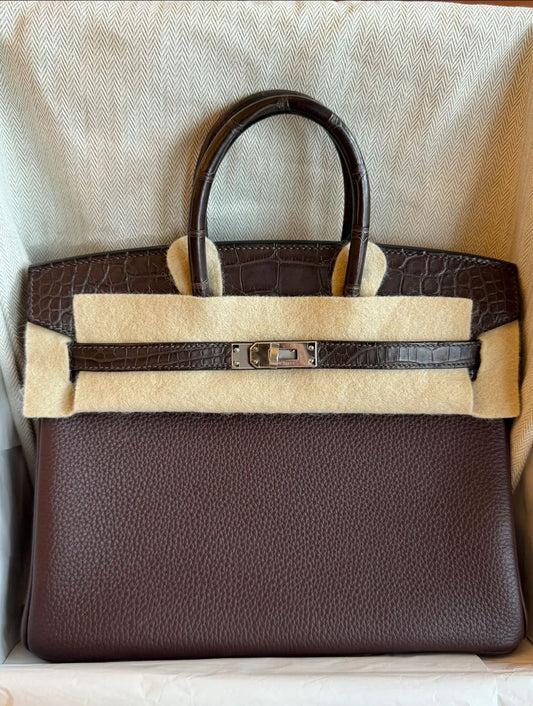 Hermès Birkin 25 Touch Ebene Matte Alligator  Rouge Sellier Togo leather palladium hardware