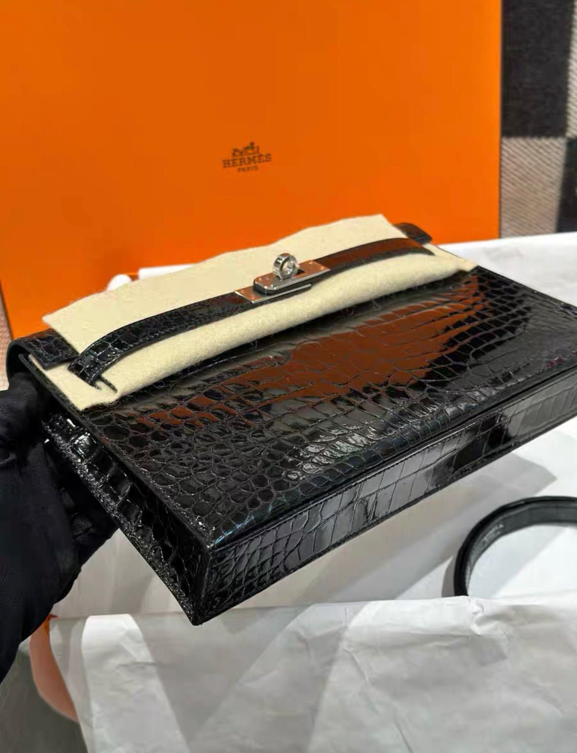 HERMES KELLY ELAN BLACK POROSUS CROCODILE SHOULDER BAG Brand New Stamp W