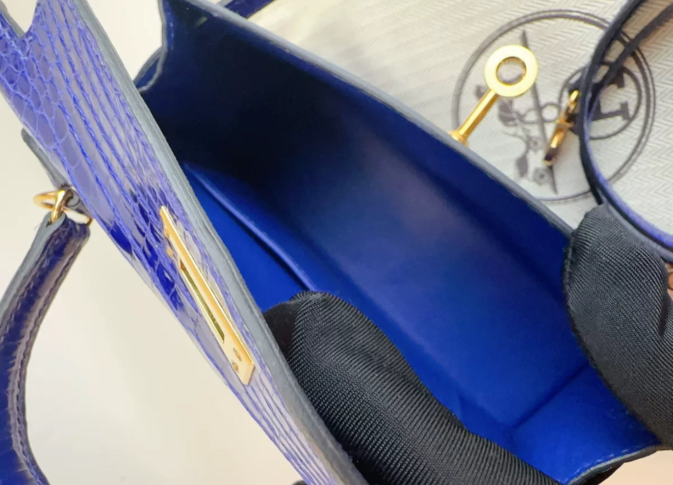 Hermès Mini Kelly Electric Blue Shiny Alligator Leather Gold Hardware