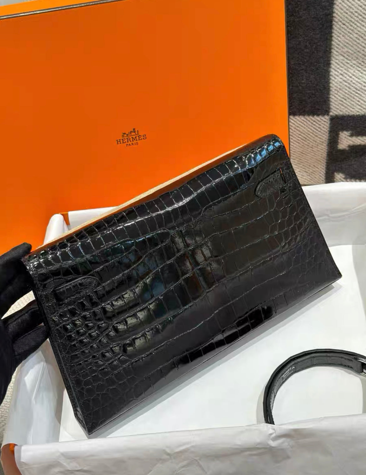 HERMES KELLY ELAN BLACK POROSUS CROCODILE SHOULDER BAG Brand New Stamp W