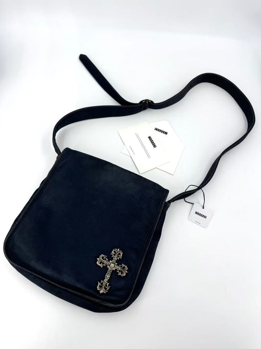 Chrome Hearts navy blue suede flared cross flap messenger bag