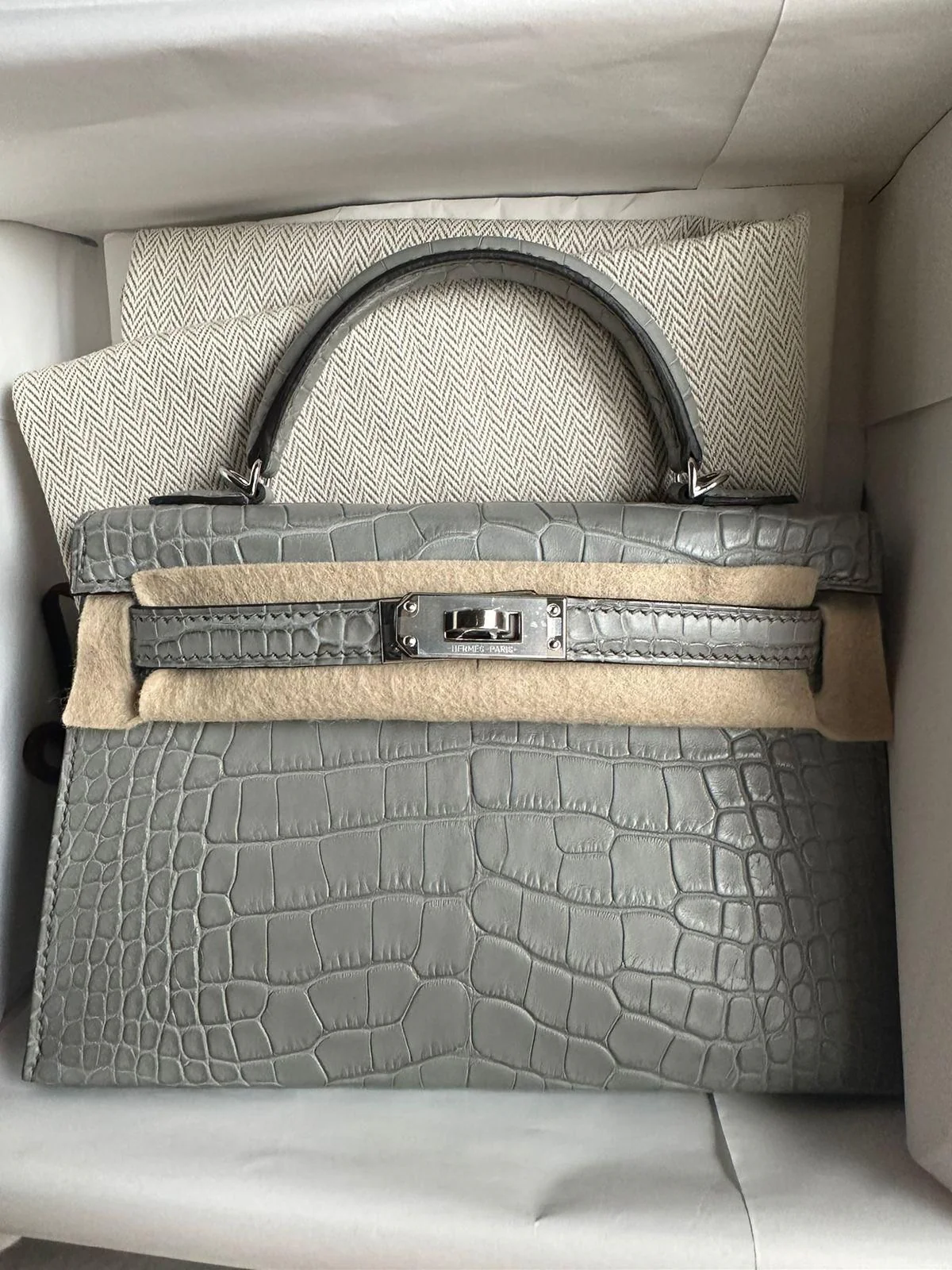 Hermes Mini Kelly 20 Gris Ciment Matte Alligator Palladium Hardware