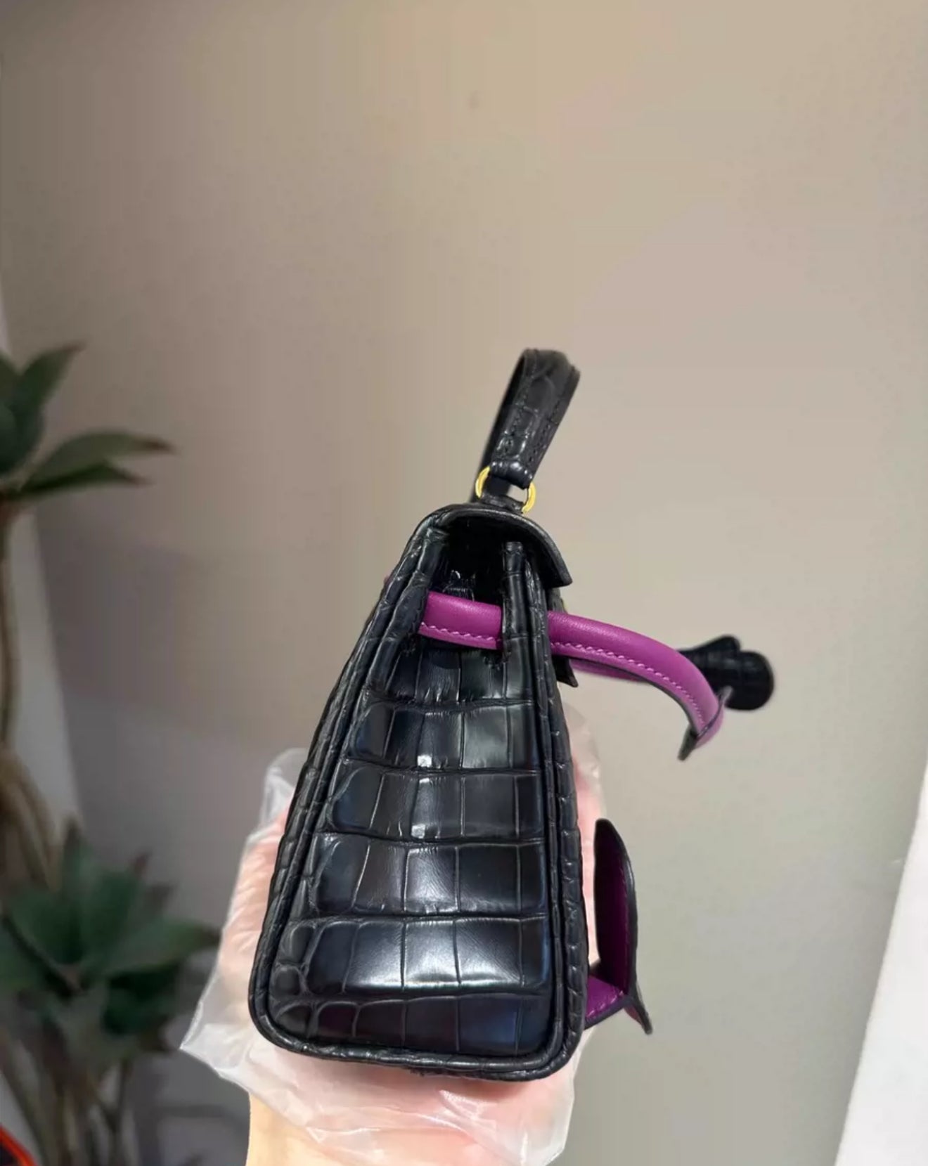 Hermes Kelly Doll Black  Anemone Purple Alligator Crocodile Gold Hardware