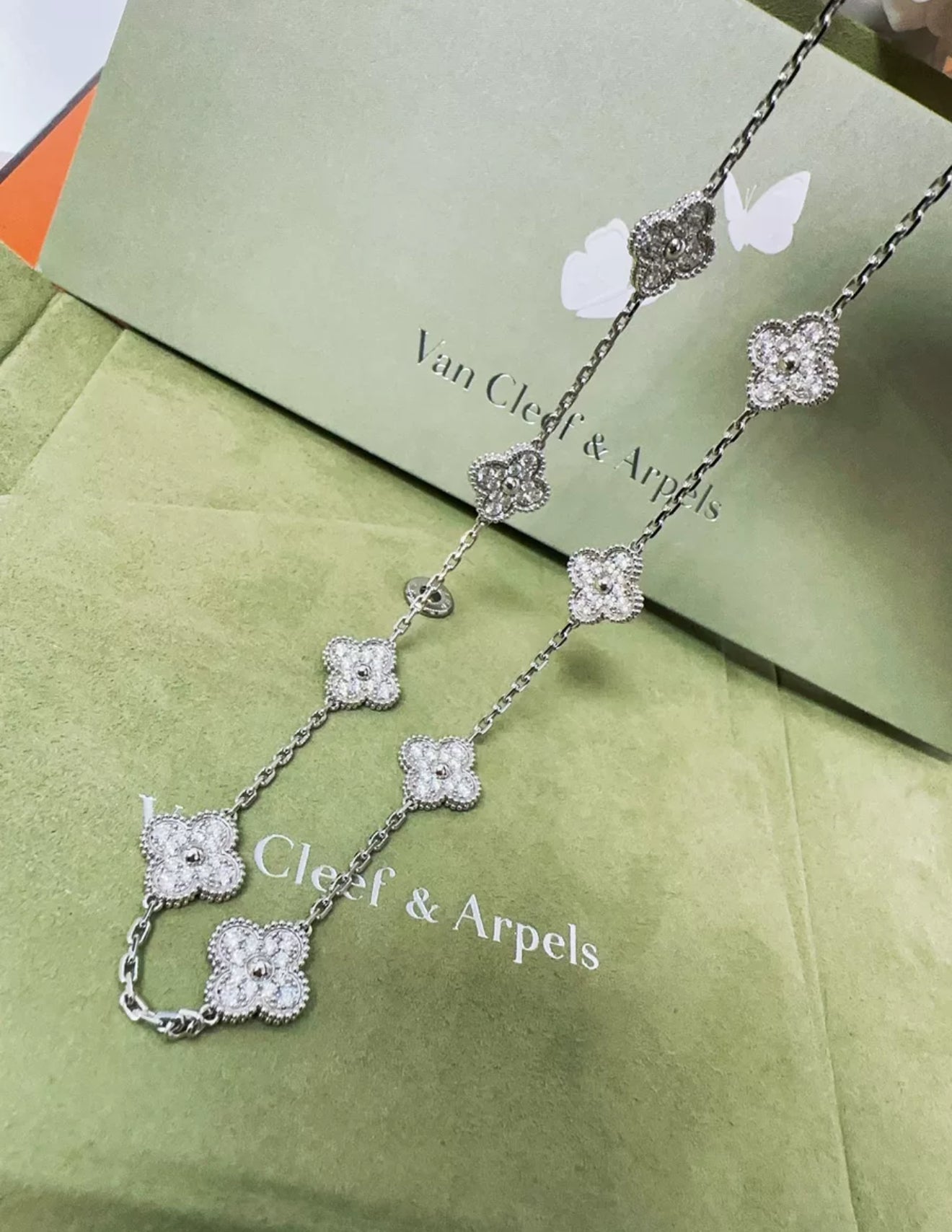 Van Cleef  Arpels 18k White Gold Diamond Set Vintage Alhambra Necklace