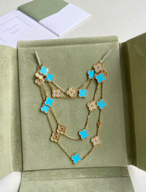 Van Cleef  Arpels Vintage Alhambra Diamond and Turquoise 20 Motif Necklace