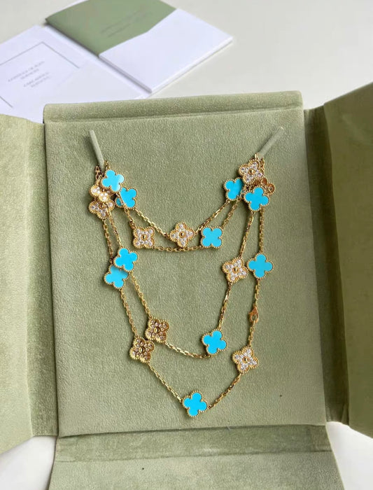 Van Cleef  Arpels Vintage Alhambra Diamond and Turquoise 20 Motif Necklace