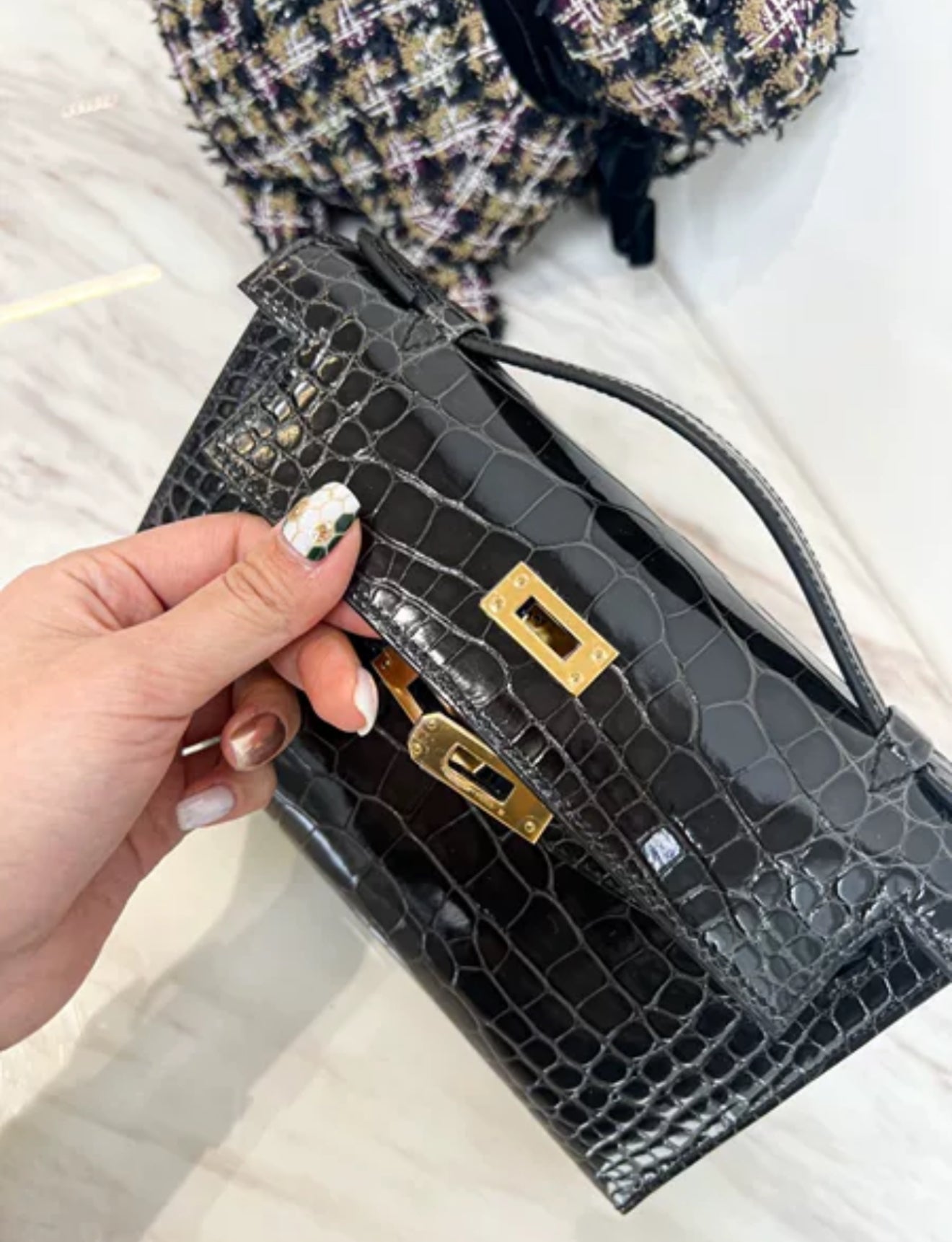 Hermès Kelly Pochette Black Shiny Alligator Gold Hardware